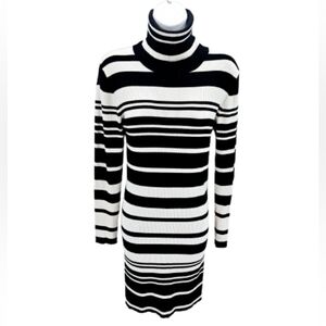 Black & White Striped Turtleneck Fitted Stretchy Sweater Dress